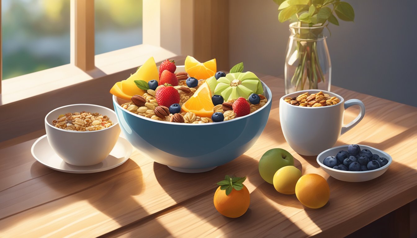 A breakfast bowl sits on a wooden table with a variety of fresh fruits, nuts, and granola arranged neatly on top. Sunlight streams in through a nearby window, casting a warm glow over the scene