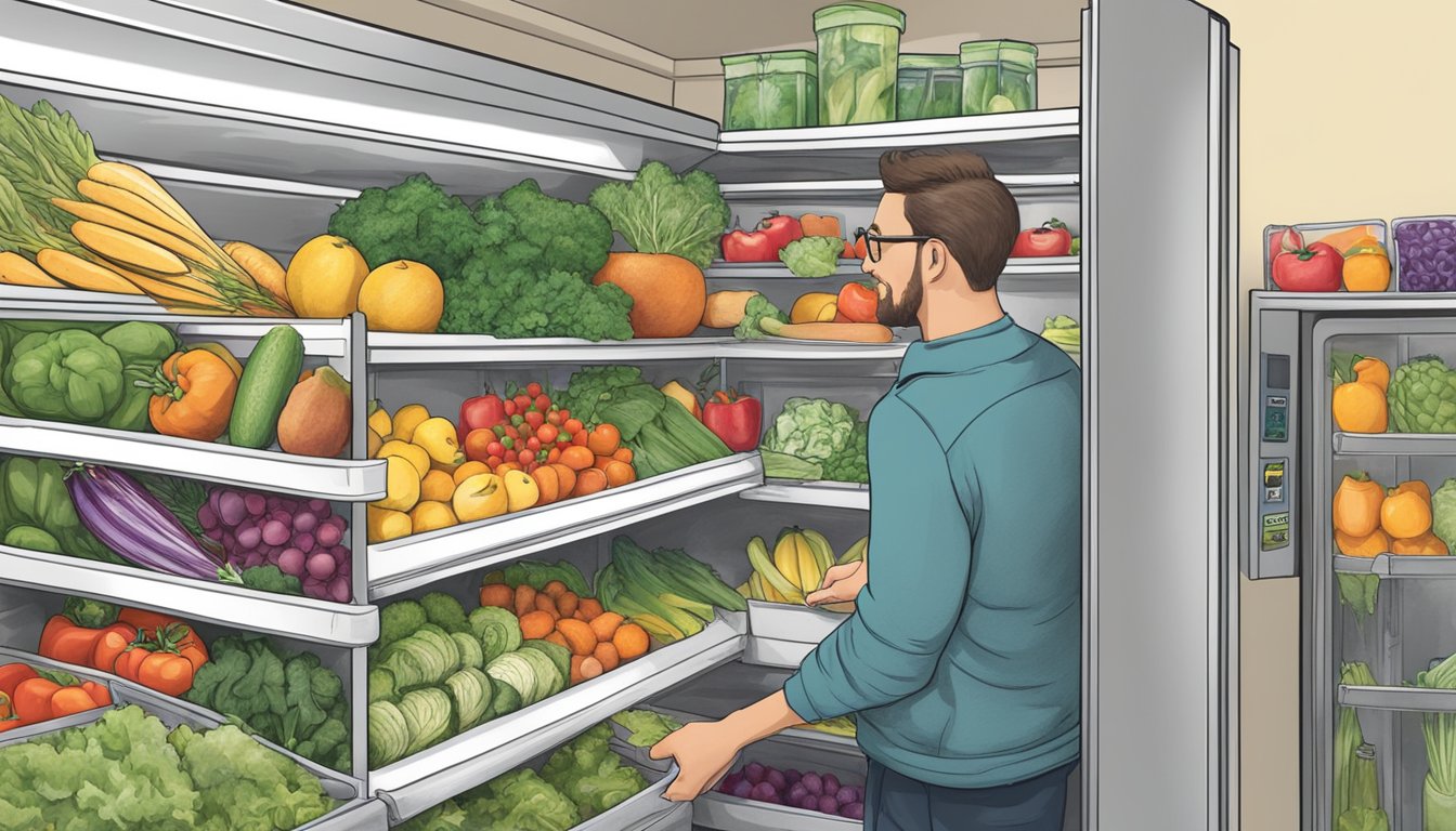 A person opens a community fridge, filling it with fresh produce and groceries in South Bend, Indiana