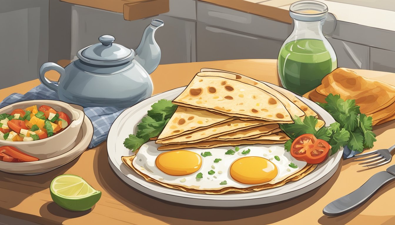 A kitchen counter with a plate of breakfast quesadillas, surrounded by scattered ingredients like eggs, cheese, and vegetables. A clock on the wall shows the passage of time