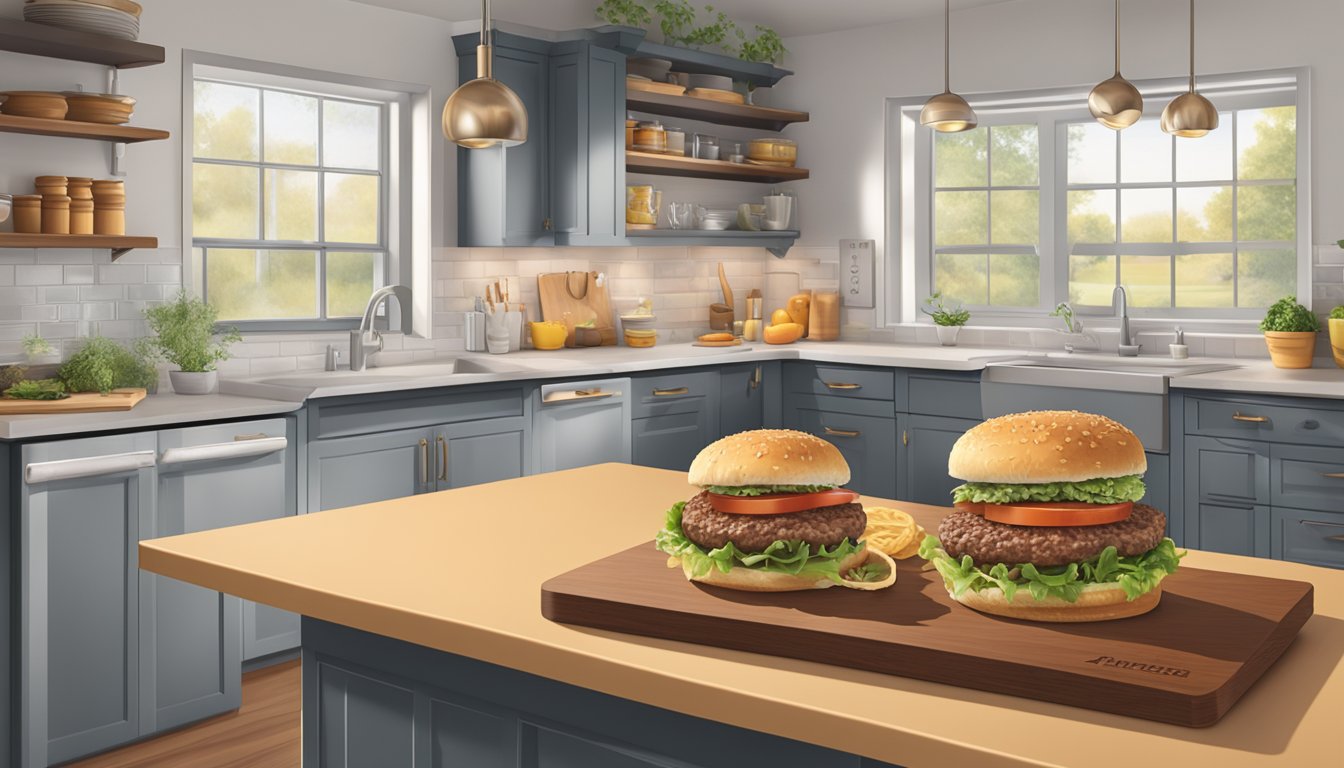 A kitchen scene with a package of Bubba Foods Angus beef burgers on a clean cutting board, with a calendar nearby indicating the current date