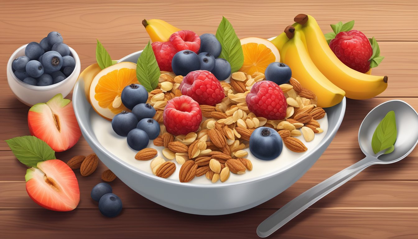 A colorful array of fresh fruits, granola, yogurt, and nuts arranged in a ceramic bowl on a wooden table