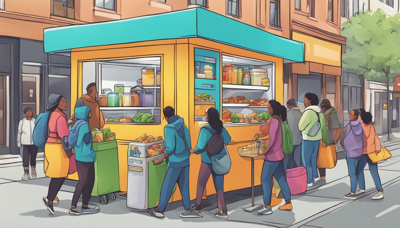 A bustling street corner with a colorful community fridge surrounded by people dropping off food and others taking what they need