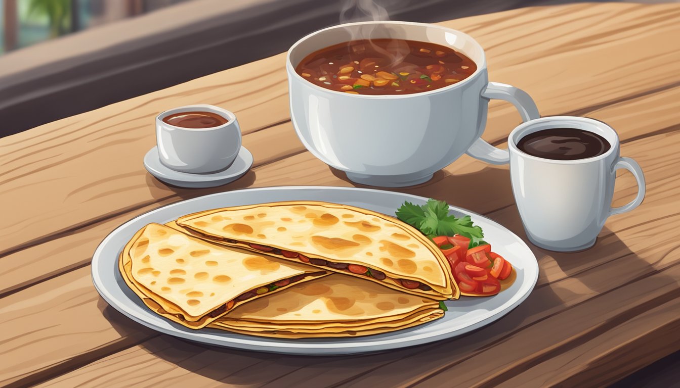 A plate with a freshly reheated breakfast quesadilla, topped with salsa and sour cream, sitting on a wooden table next to a steaming cup of coffee