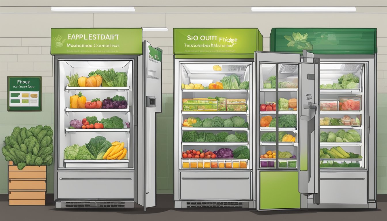 A community fridge in South Bend, IN, filled with fresh produce and labeled with safety and maintenance guidelines