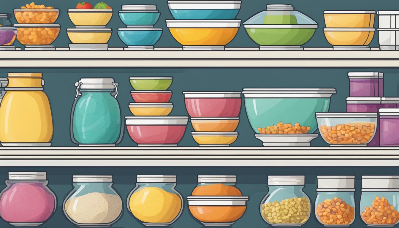 A pantry with neatly organized shelves filled with colorful breakfast bowls. Each bowl is labeled with its expiration date, ensuring freshness