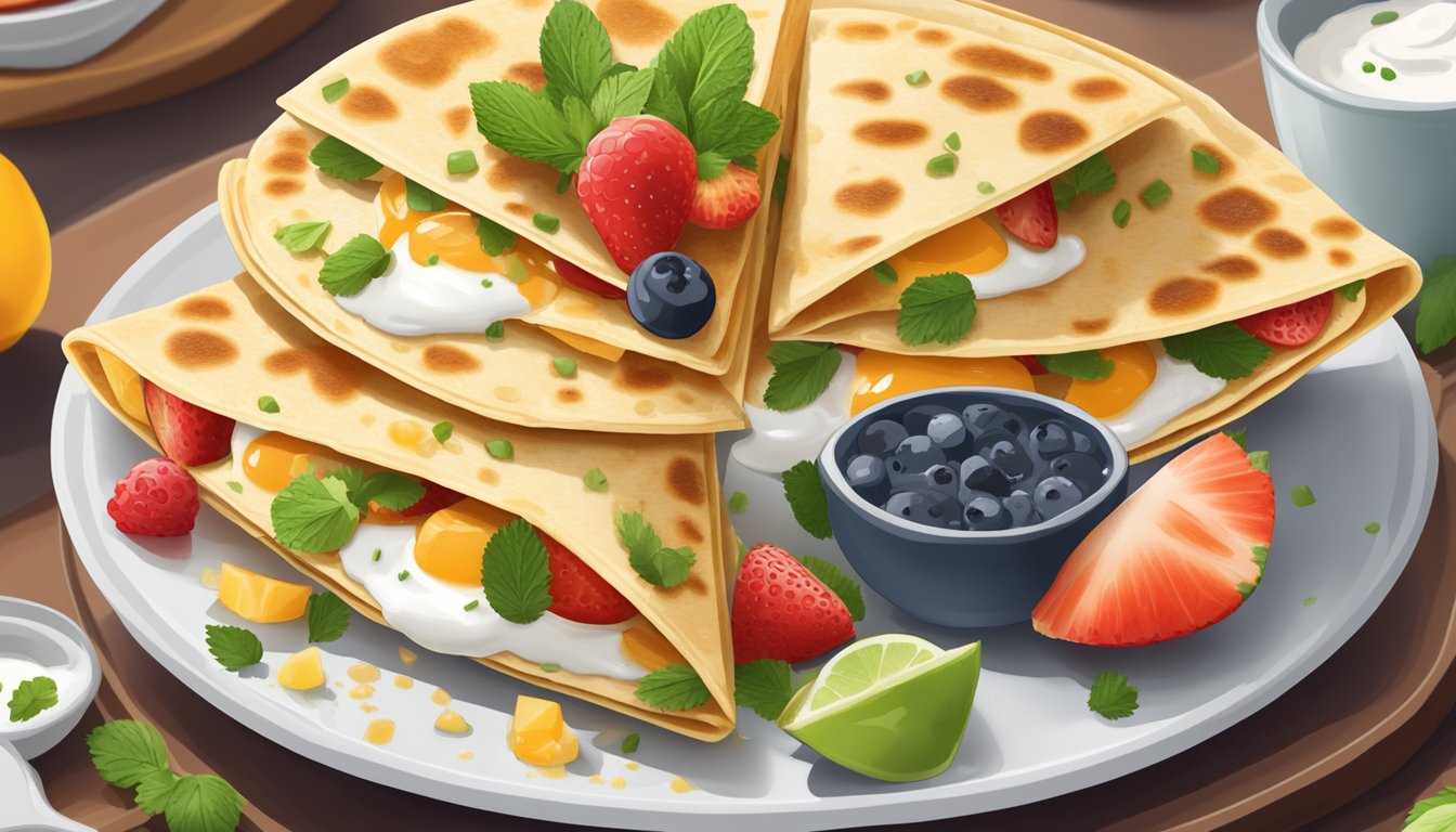 A breakfast quesadilla sits on a plate surrounded by fresh fruit and a dollop of sour cream, with a sprinkle of chopped herbs on top