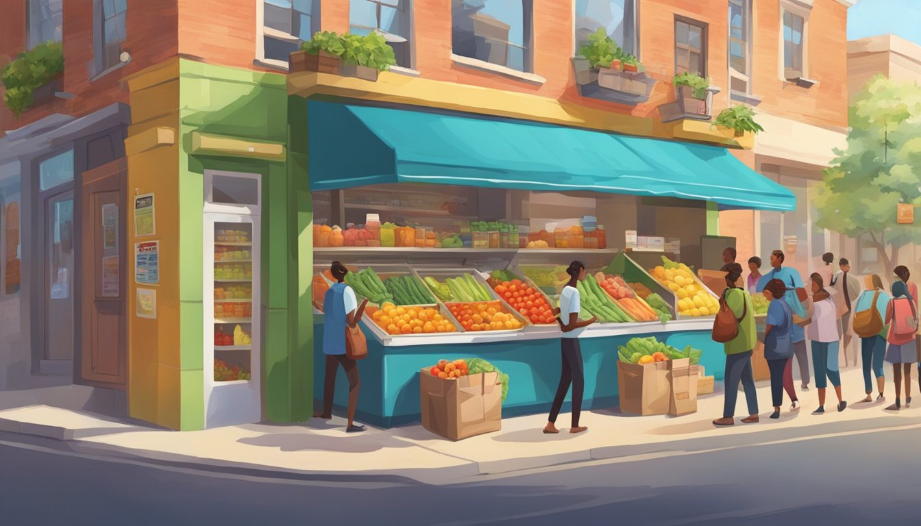 A bustling street corner with a colorful, decorated fridge filled with fresh produce and packaged goods. People from the community come and go, exchanging items and chatting