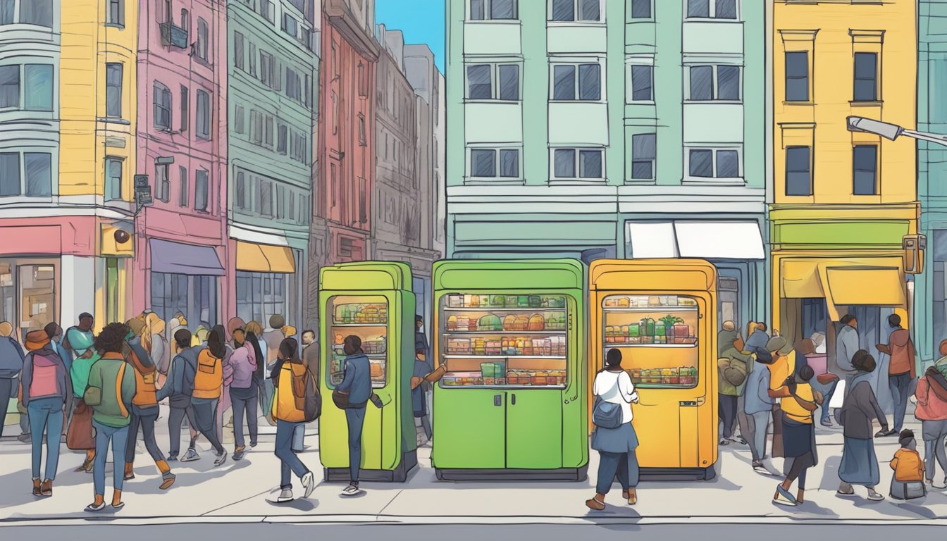 A bustling city street with a brightly colored community fridge surrounded by people exchanging food and sharing stories of impact and success