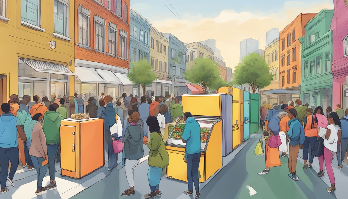 A bustling city street with a colorful community fridge surrounded by people donating and taking food items