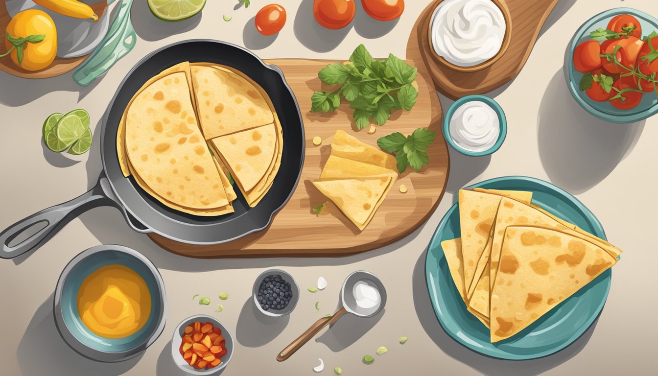 A kitchen counter with ingredients for breakfast quesadillas, a skillet, and a spatula