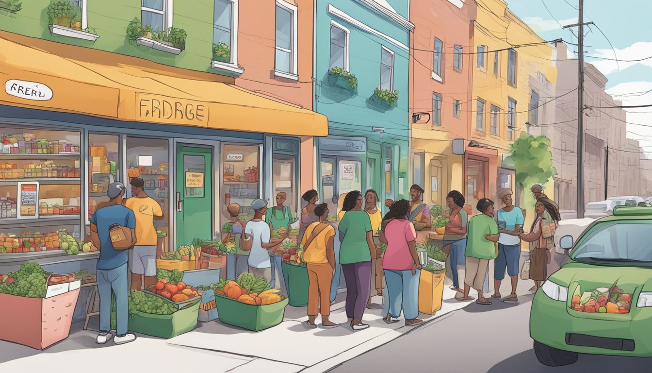 A bustling street corner with a colorful community fridge adorned with positive messages and filled with fresh produce and pantry staples. People of all ages and backgrounds gather around, exchanging items and sharing stories of how the fridge has impacted their lives