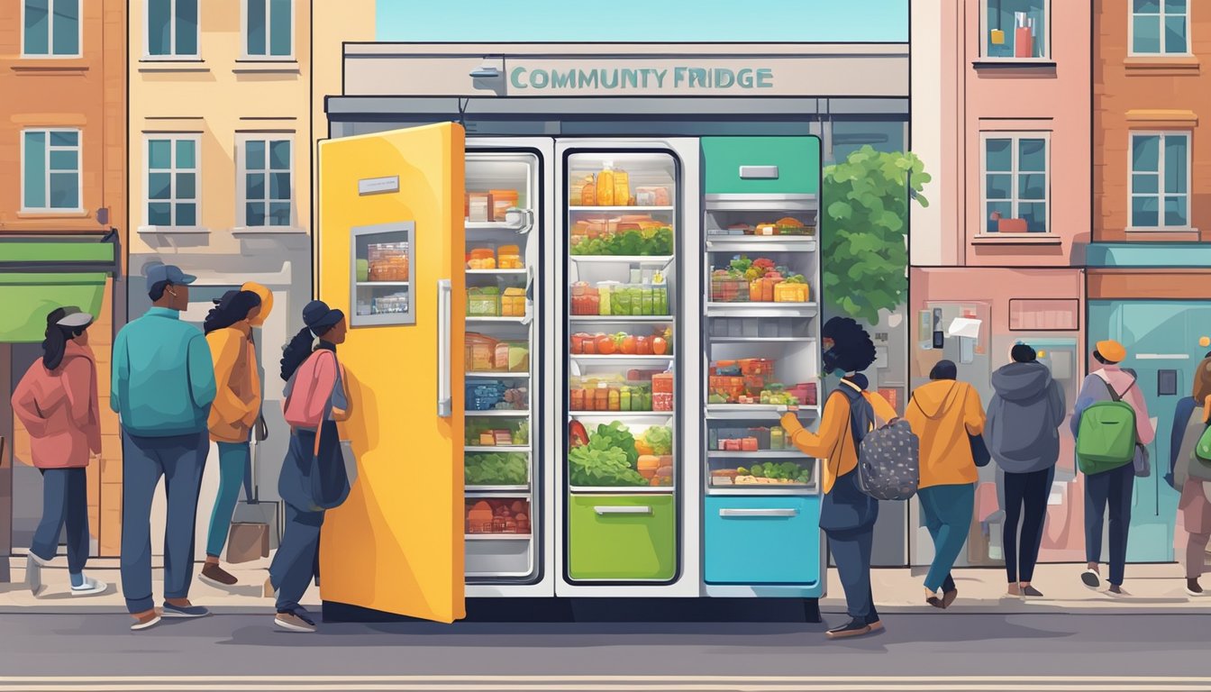 A colorful community fridge stands against a backdrop of urban buildings, with people bustling around it in a lively city neighborhood