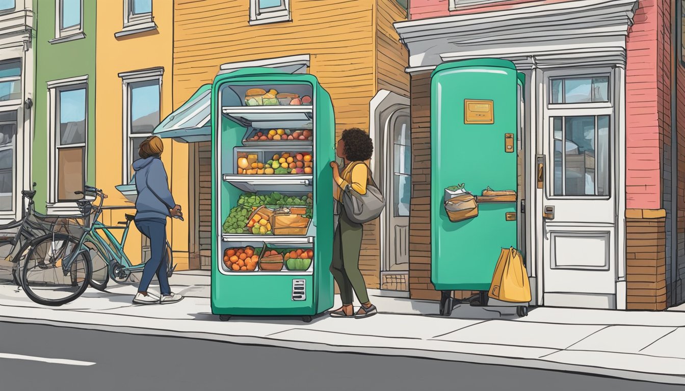 A person placing food into a brightly colored community fridge on a busy street corner in New Bedford, MA