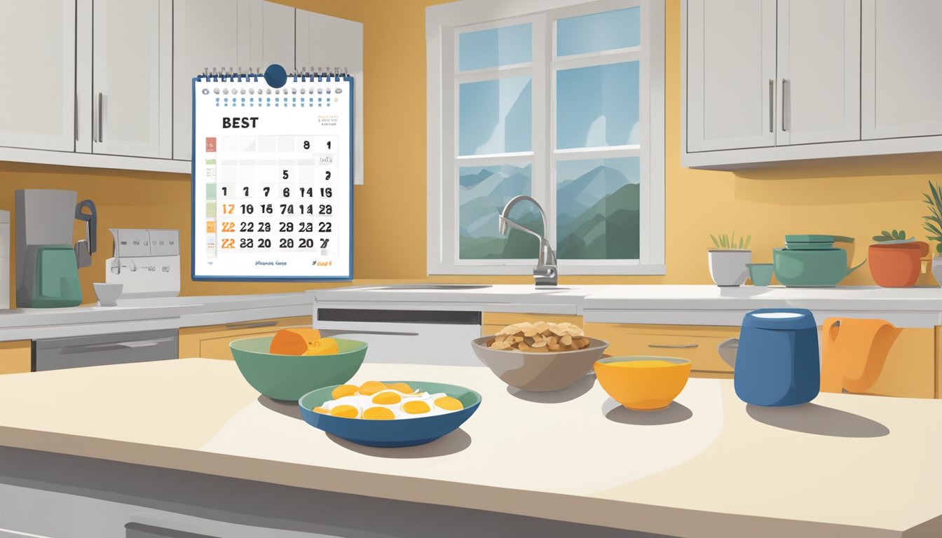 A breakfast bowl sits on a kitchen counter next to a calendar, with a "best by" date circled in red