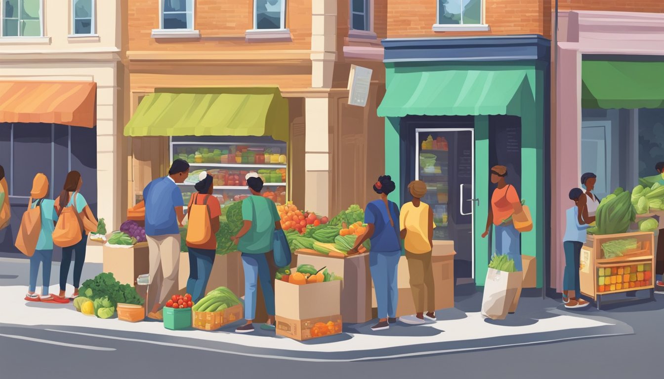 A bustling street corner with a colorful community fridge filled with fresh produce and canned goods. People of all ages and backgrounds are seen donating and taking items from the fridge