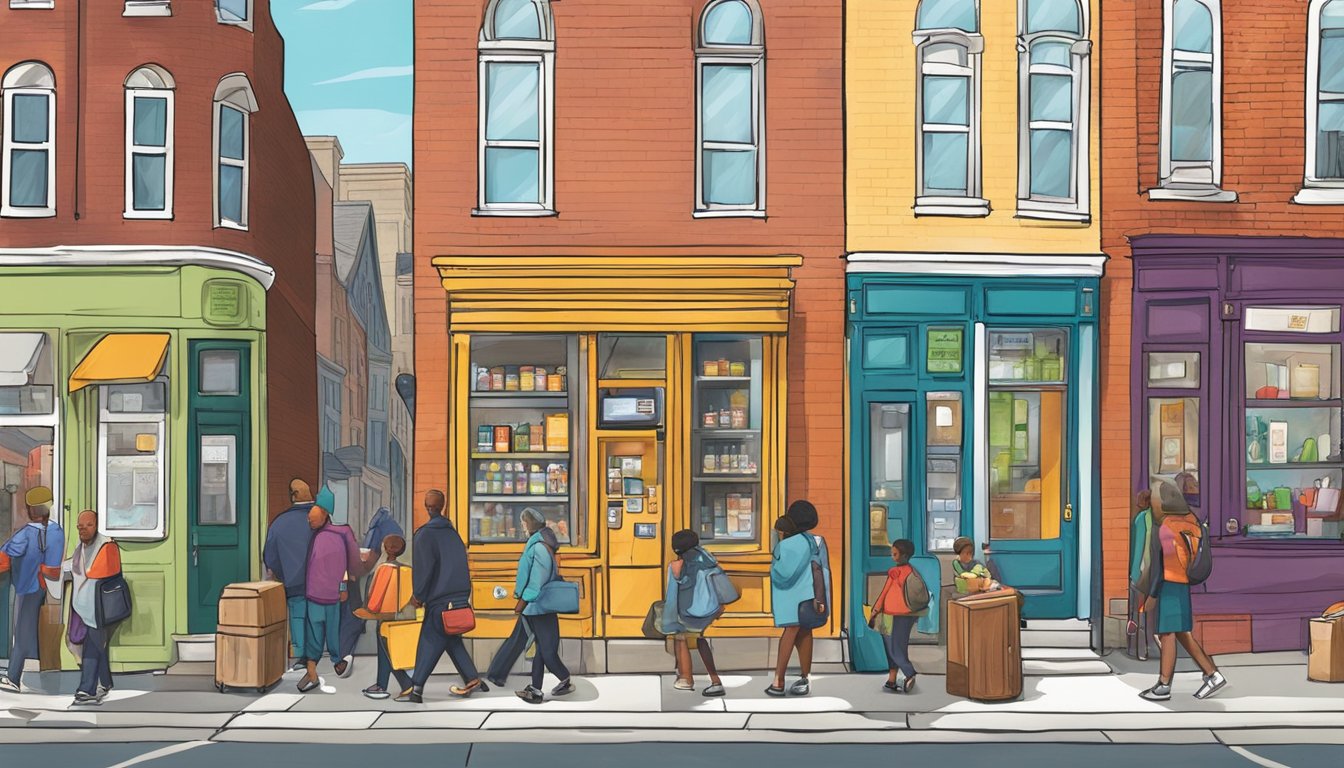 A bustling Baltimore street with a vibrant local community fridge surrounded by diverse buildings and people