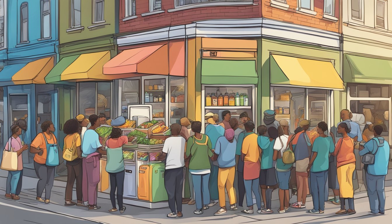 A bustling street corner with a colorful local community fridge surrounded by people donating and taking food