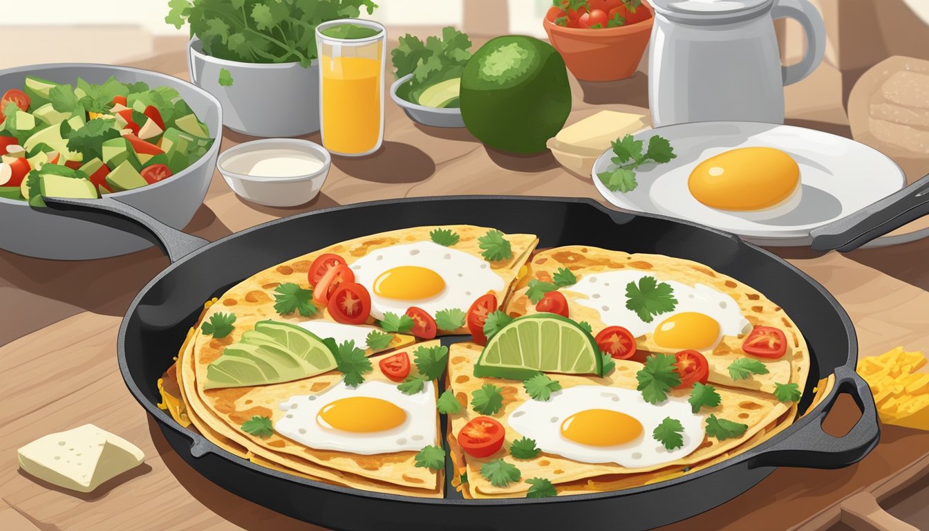 A breakfast quesadilla sizzling on a hot skillet, filled with eggs, cheese, and various toppings, surrounded by fresh ingredients like tomatoes, avocados, and cilantro