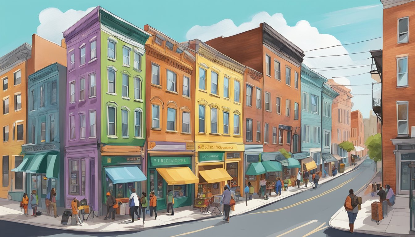 A bustling Baltimore street with a colorful community fridge surrounded by diverse buildings and people