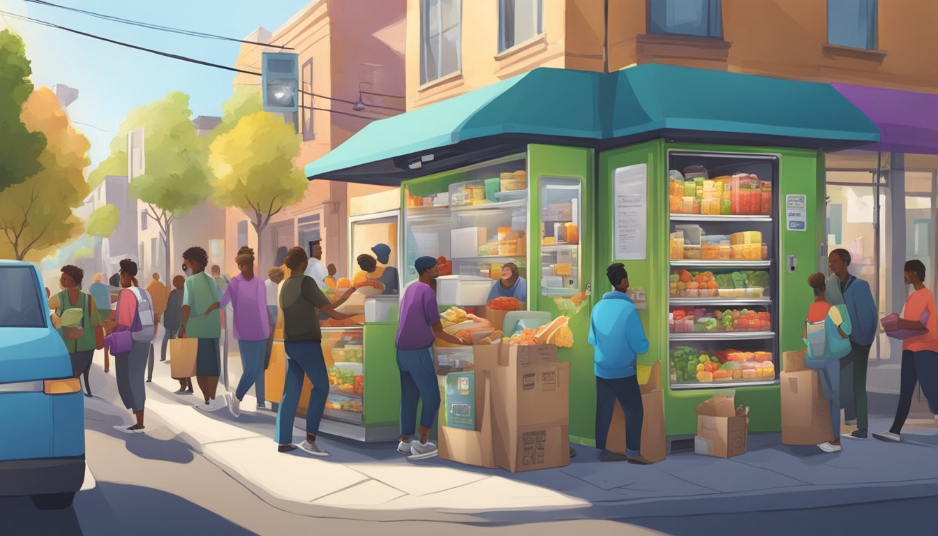 A bustling street corner with a vibrant community fridge surrounded by diverse individuals donating and taking food items