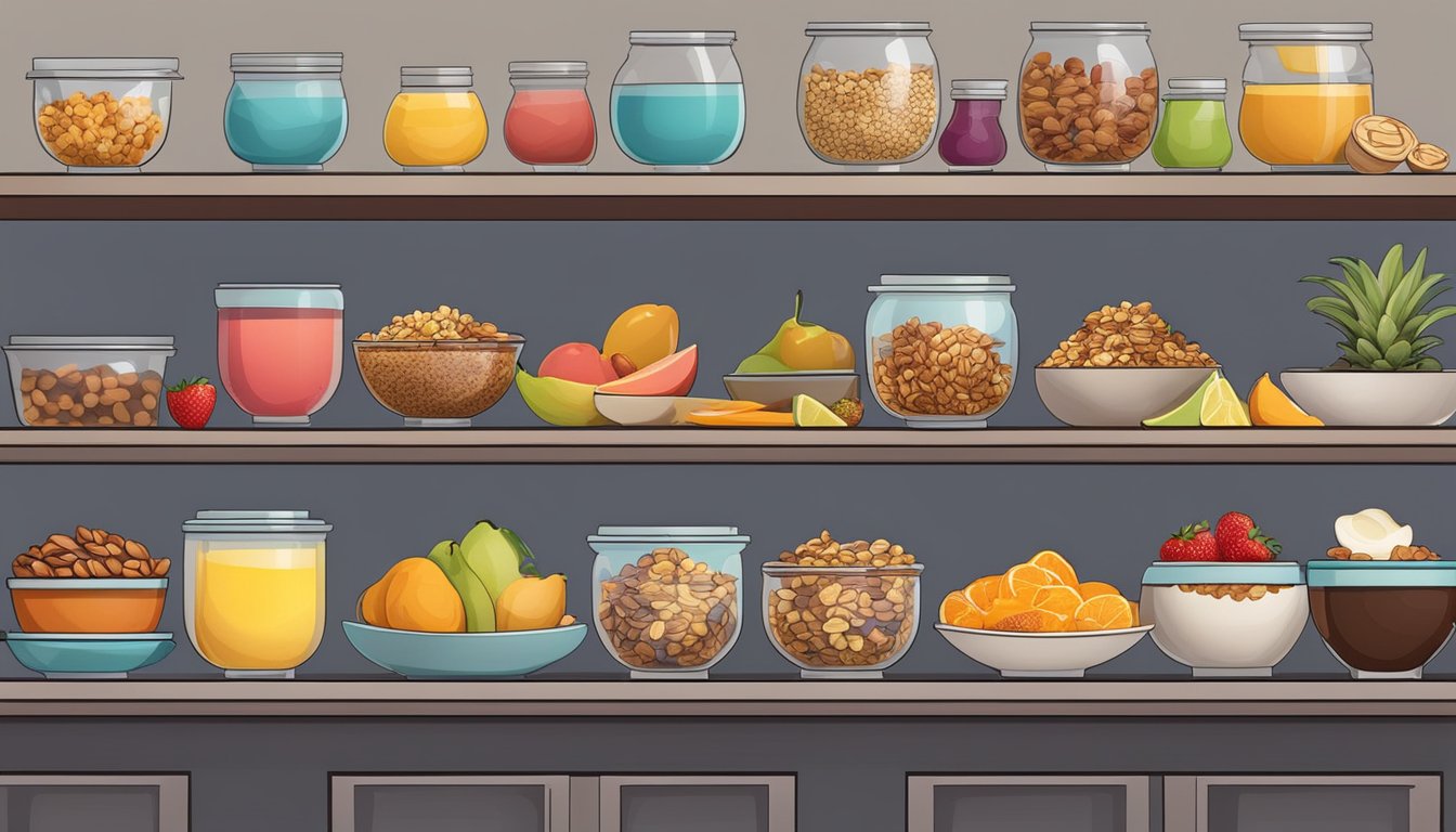 A shelf filled with colorful breakfast bowls, surrounded by various pre-made options such as fruits, nuts, and granola