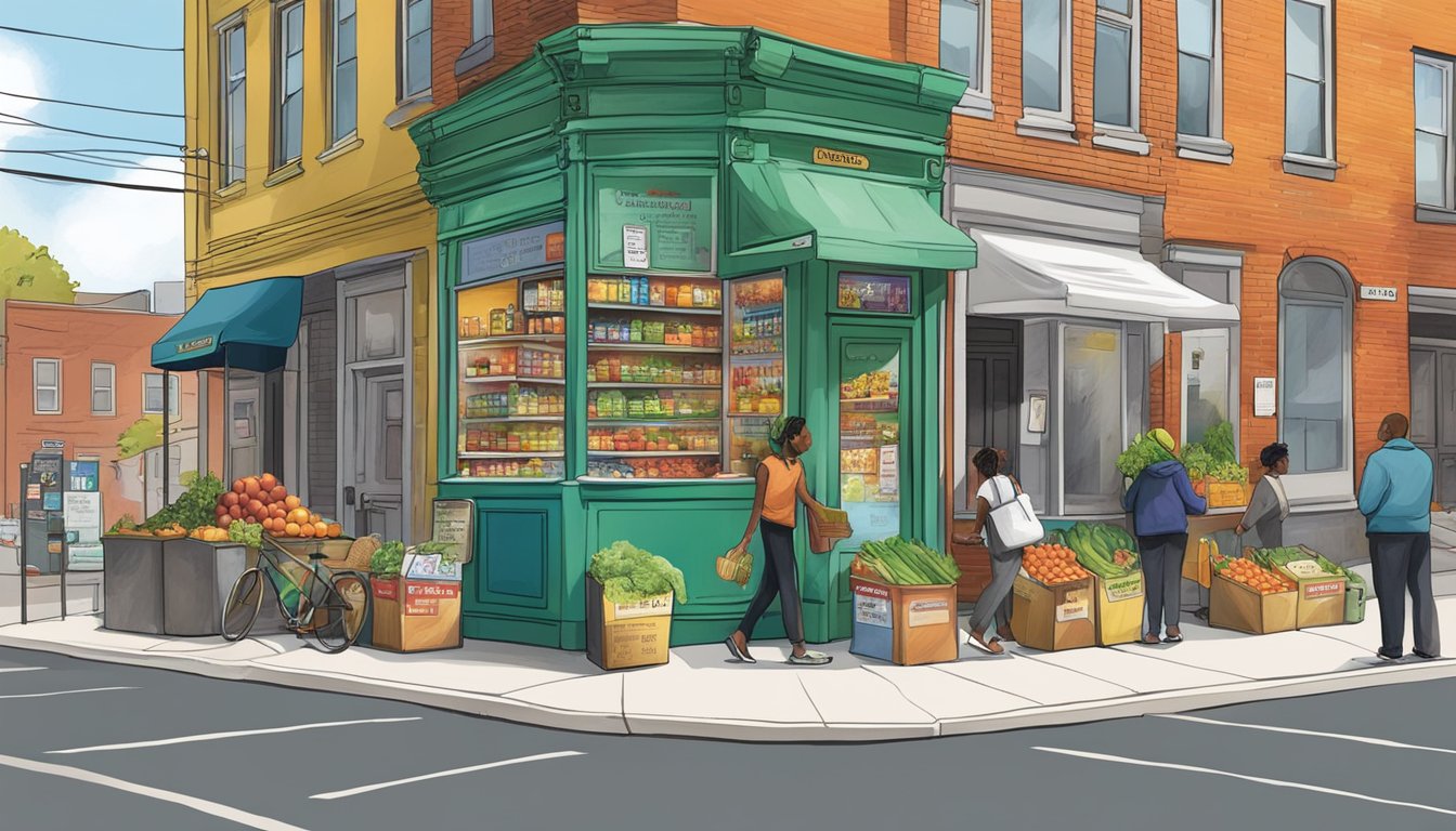 A bustling Baltimore street corner, with a colorful community fridge adorned with local produce and nutritional information posters