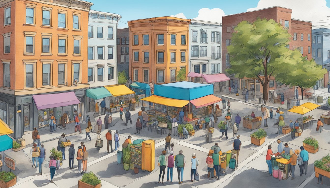 A bustling public square with a colorful community fridge surrounded by people sharing and connecting in New Bedford, MA