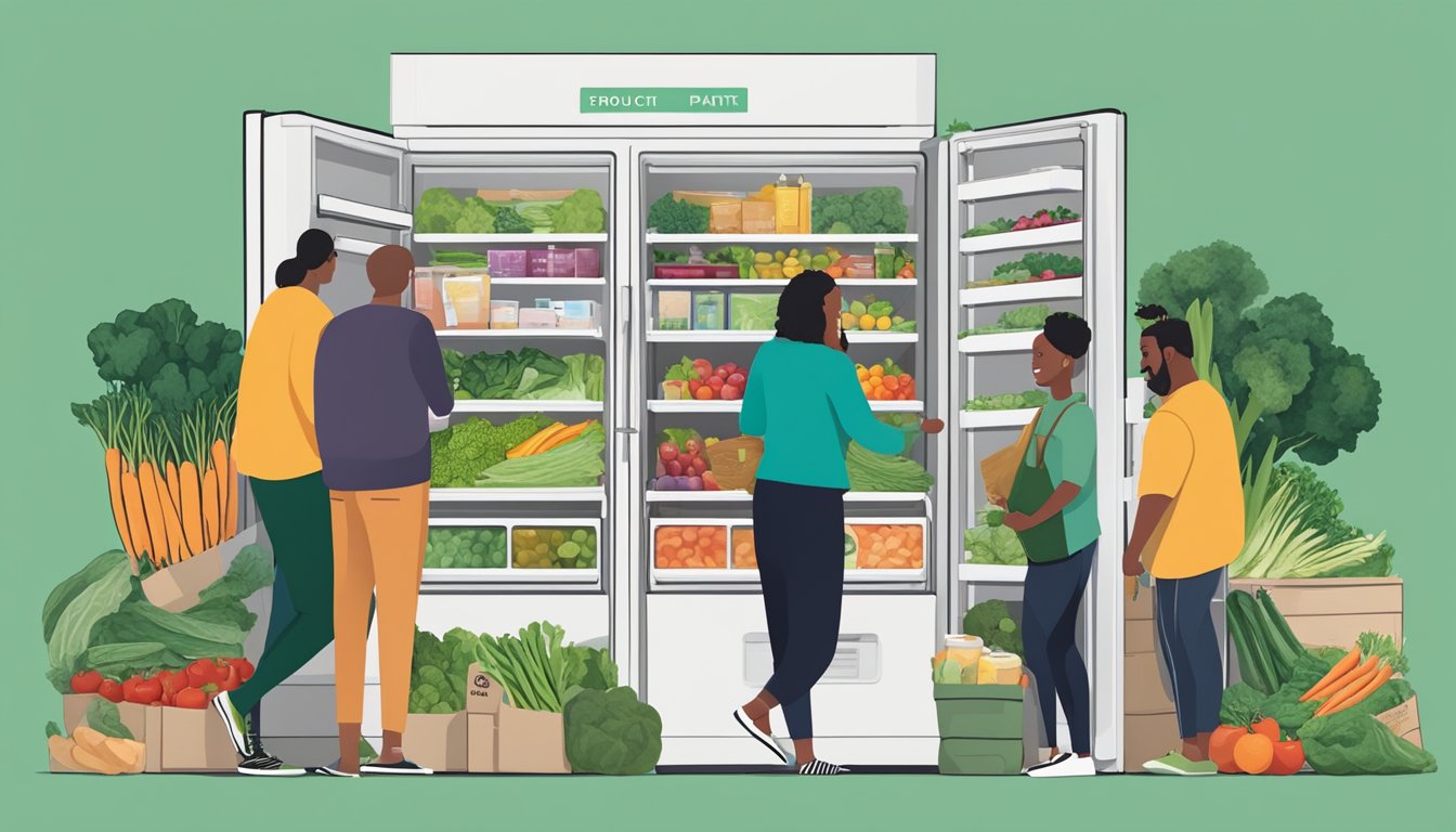 A bustling community fridge filled with fresh produce and pantry staples, surrounded by grateful locals exchanging stories of impact and success