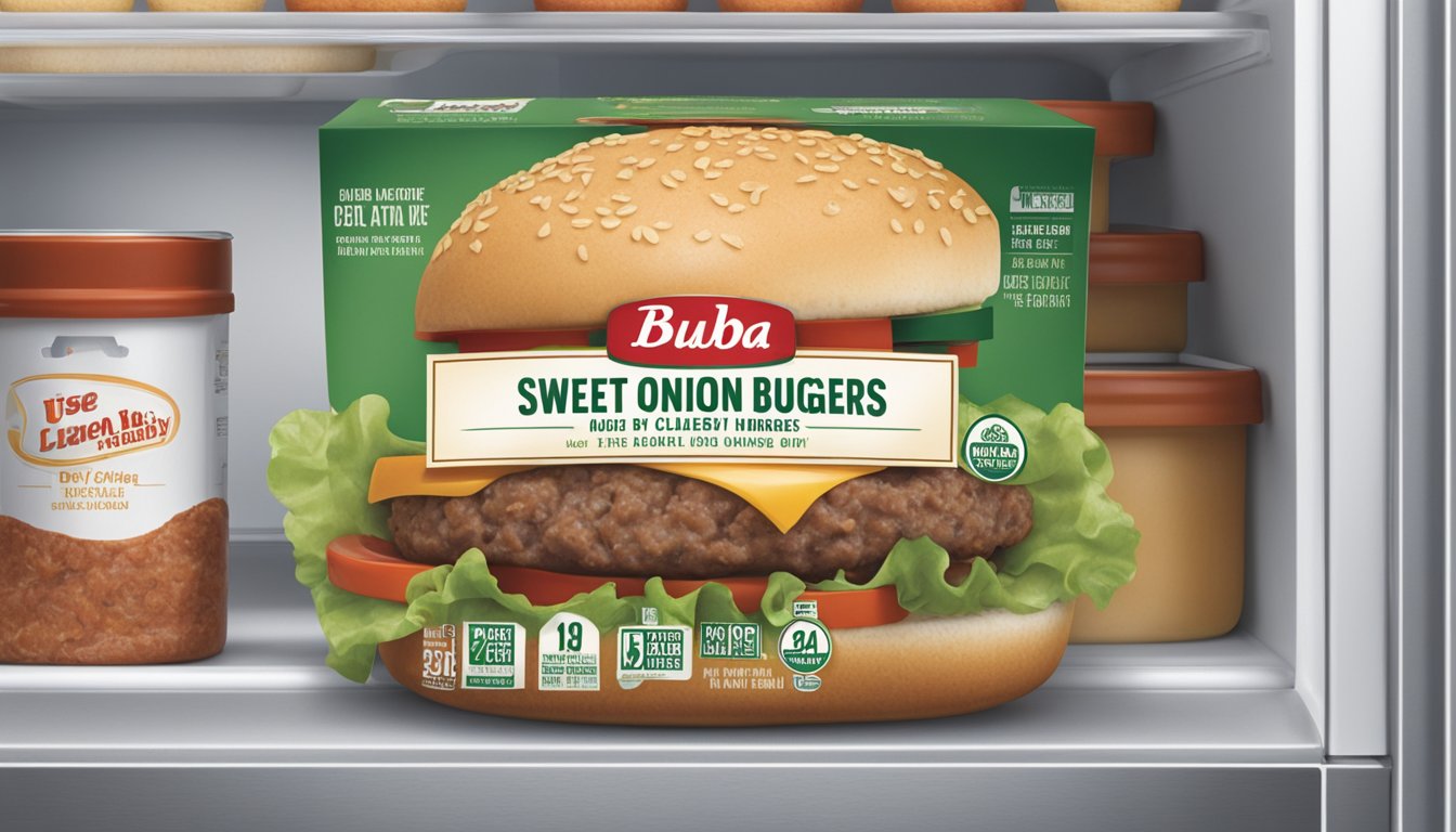 A package of Bubba Foods sweet onion burgers sits in a refrigerator, with a "use by" date clearly visible on the label