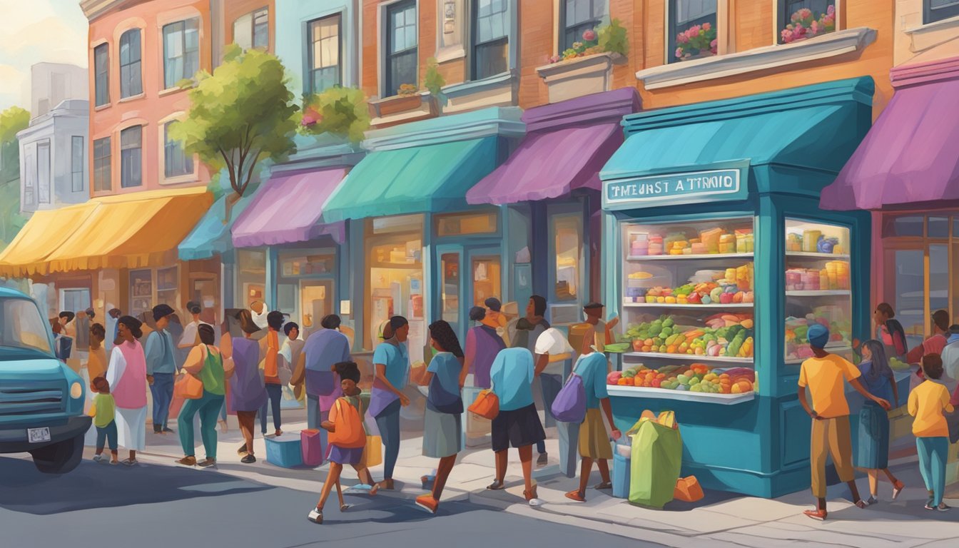 A bustling street corner with a brightly painted fridge adorned with colorful artwork, surrounded by a diverse group of people dropping off and picking up food items