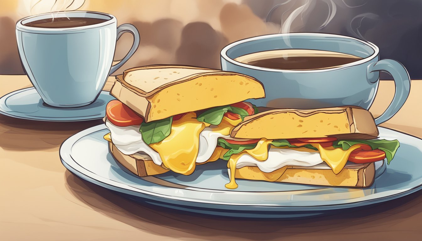 A breakfast sandwich sits on a plate beside a cup of coffee, with steam rising from the sandwich