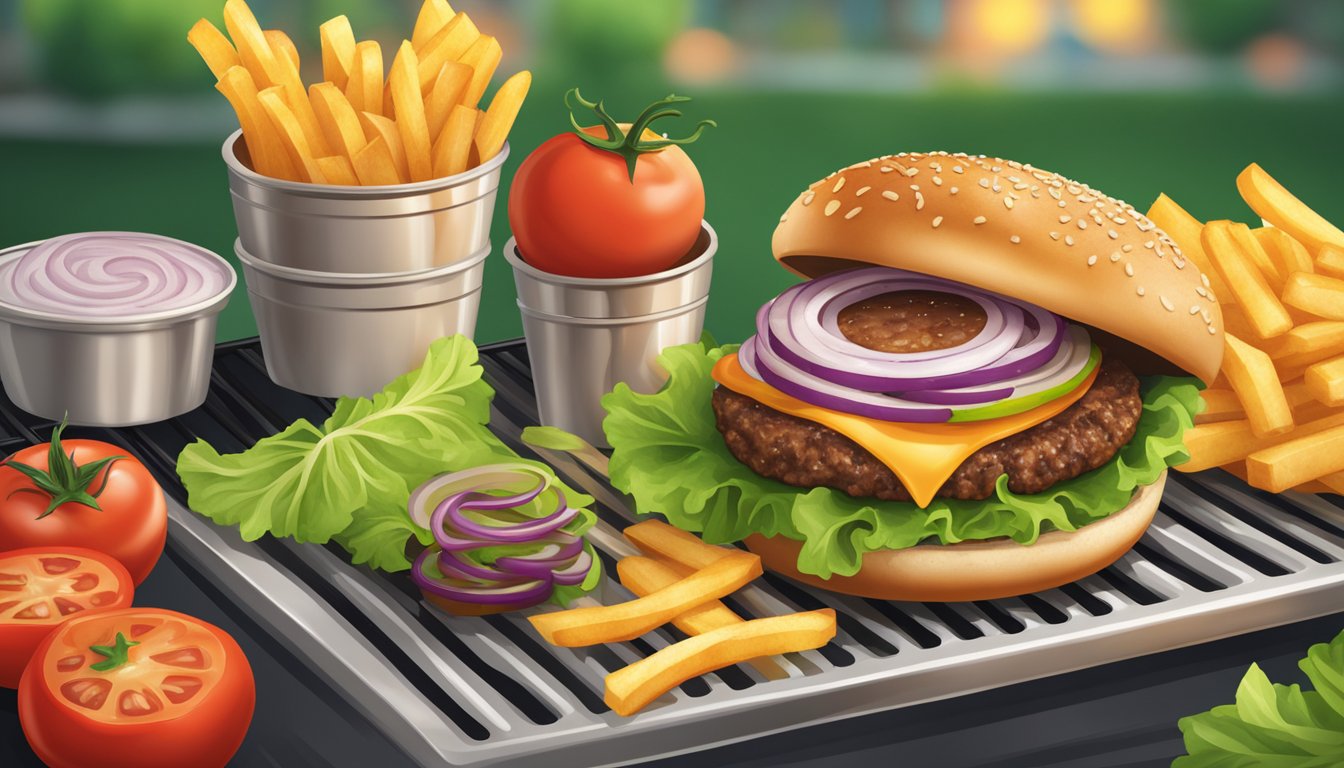 A sizzling sweet onion burger on a grill, surrounded by fresh lettuce, ripe tomatoes, and a side of golden fries