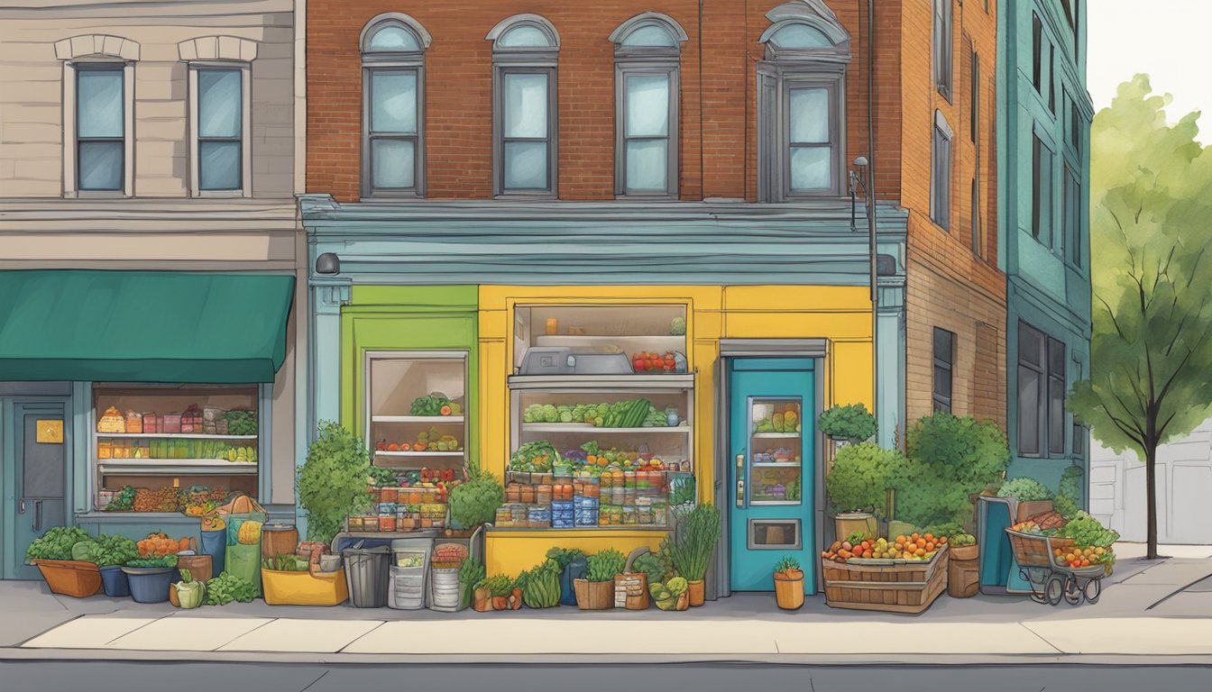 A bustling street corner in Detroit, MI, with a colorful community fridge adorned with local art and filled with fresh produce and pantry items