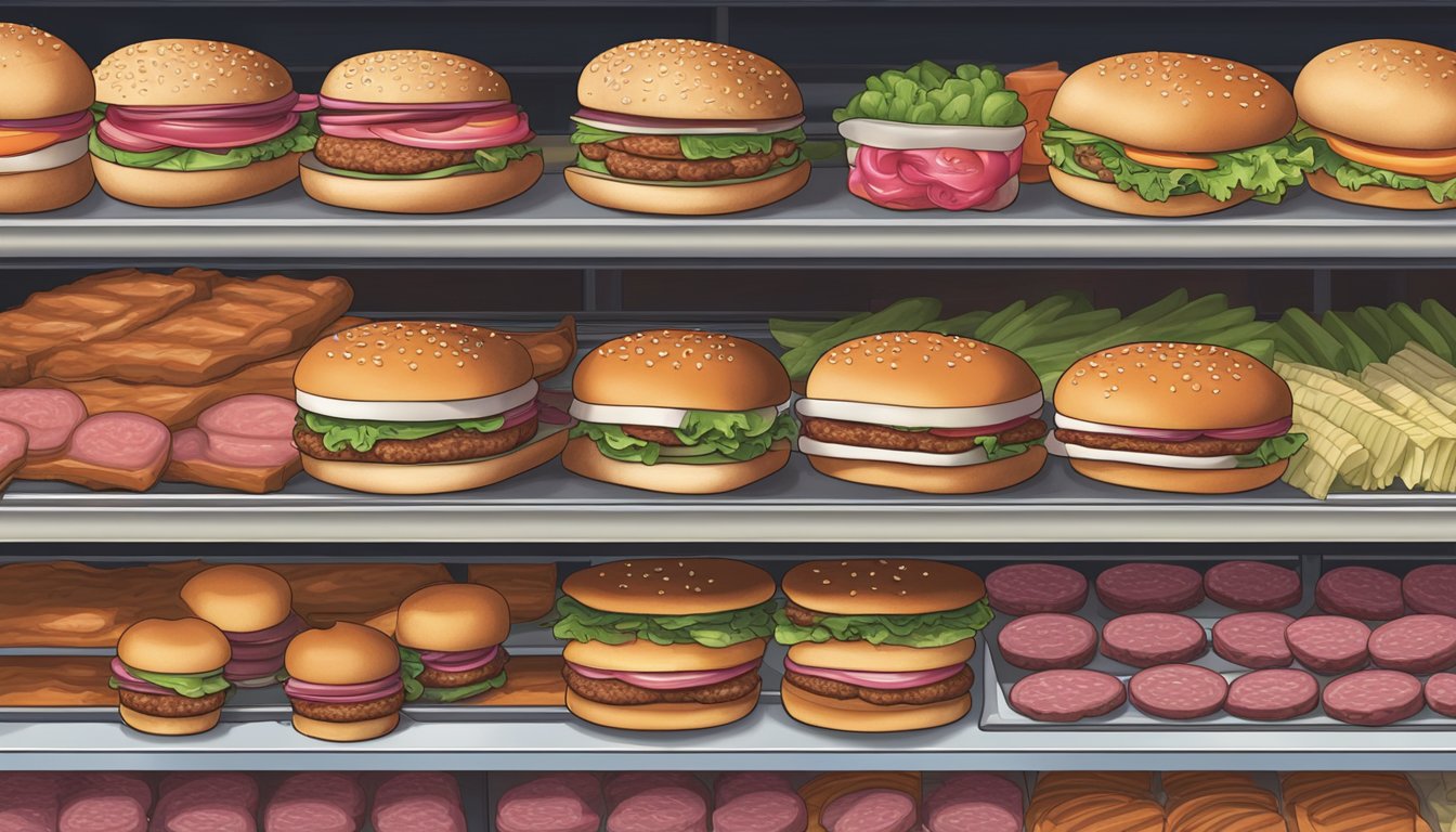 A pack of Bubba Foods sweet onion burgers sits on a grocery store shelf, surrounded by other frozen meat products