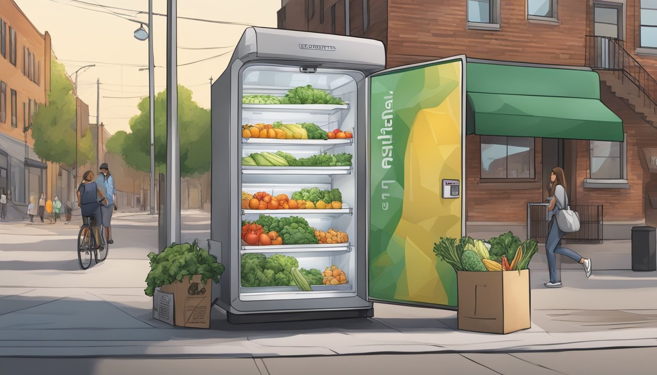 A community fridge stands on a city sidewalk, filled with fresh produce and packaged goods. People come and go, taking what they need and leaving what they can