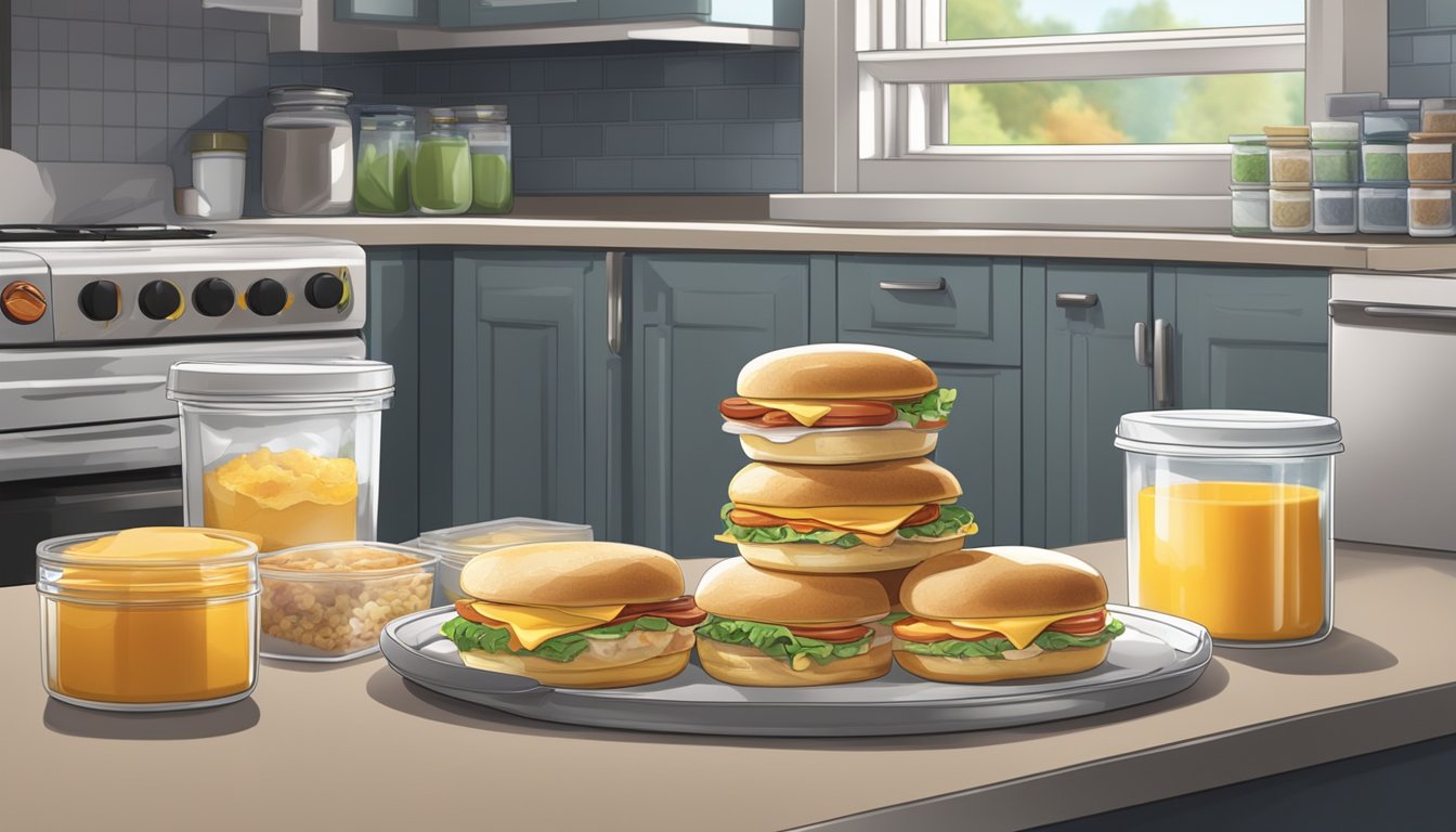 A kitchen counter with a stack of breakfast sandwiches in airtight containers, a labeled expiration date, and a refrigerator in the background