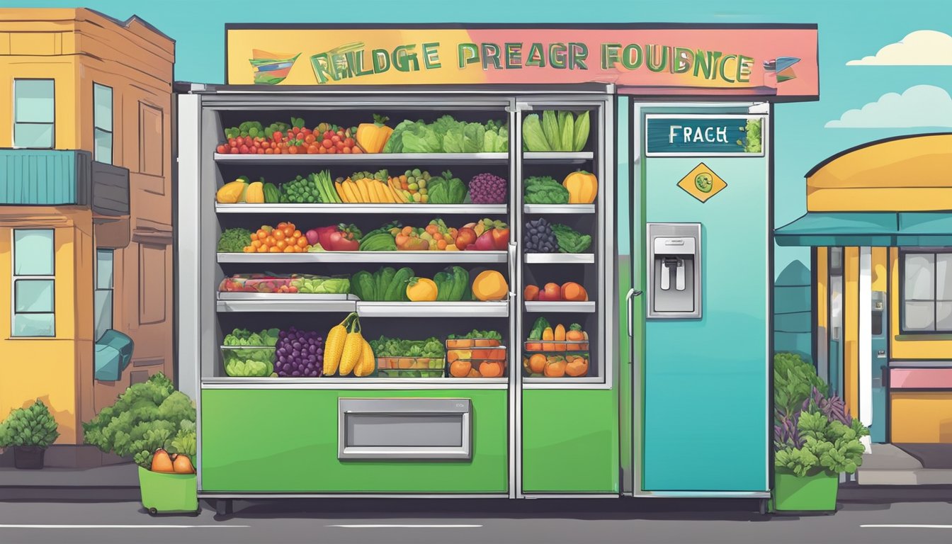 A colorful community fridge in Topeka, KS with fresh produce and a maintenance sign