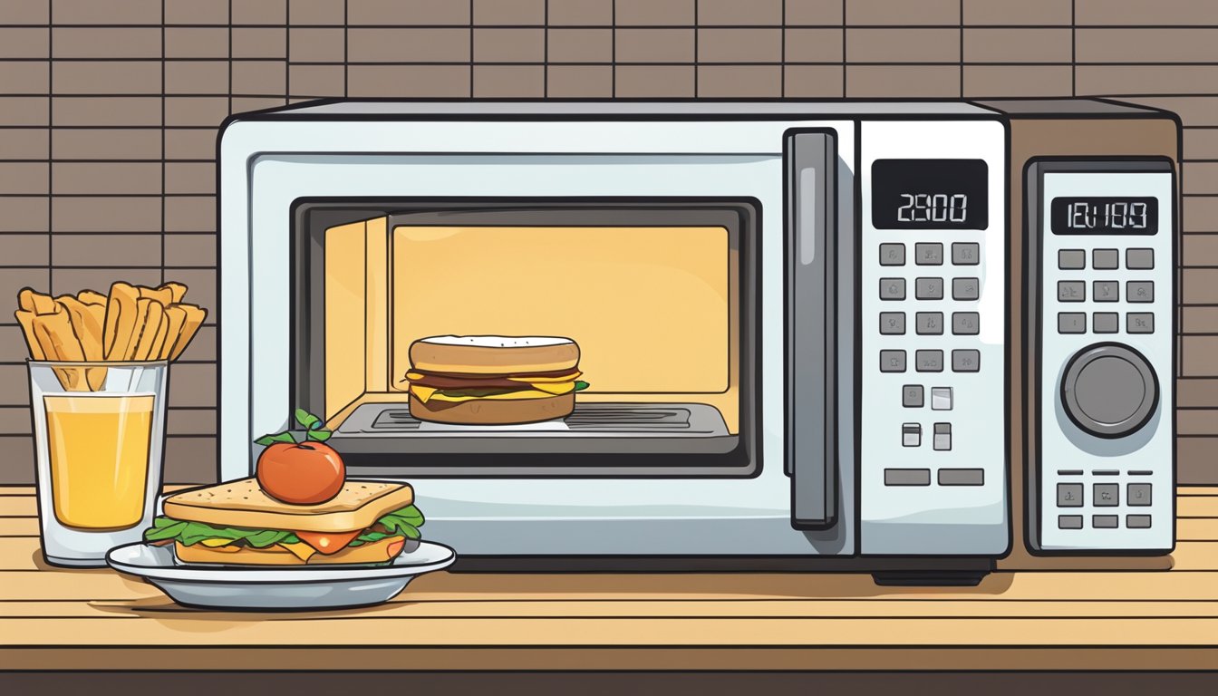 A microwave with a breakfast sandwich inside, a clock showing the time, and a calendar indicating the date of purchase