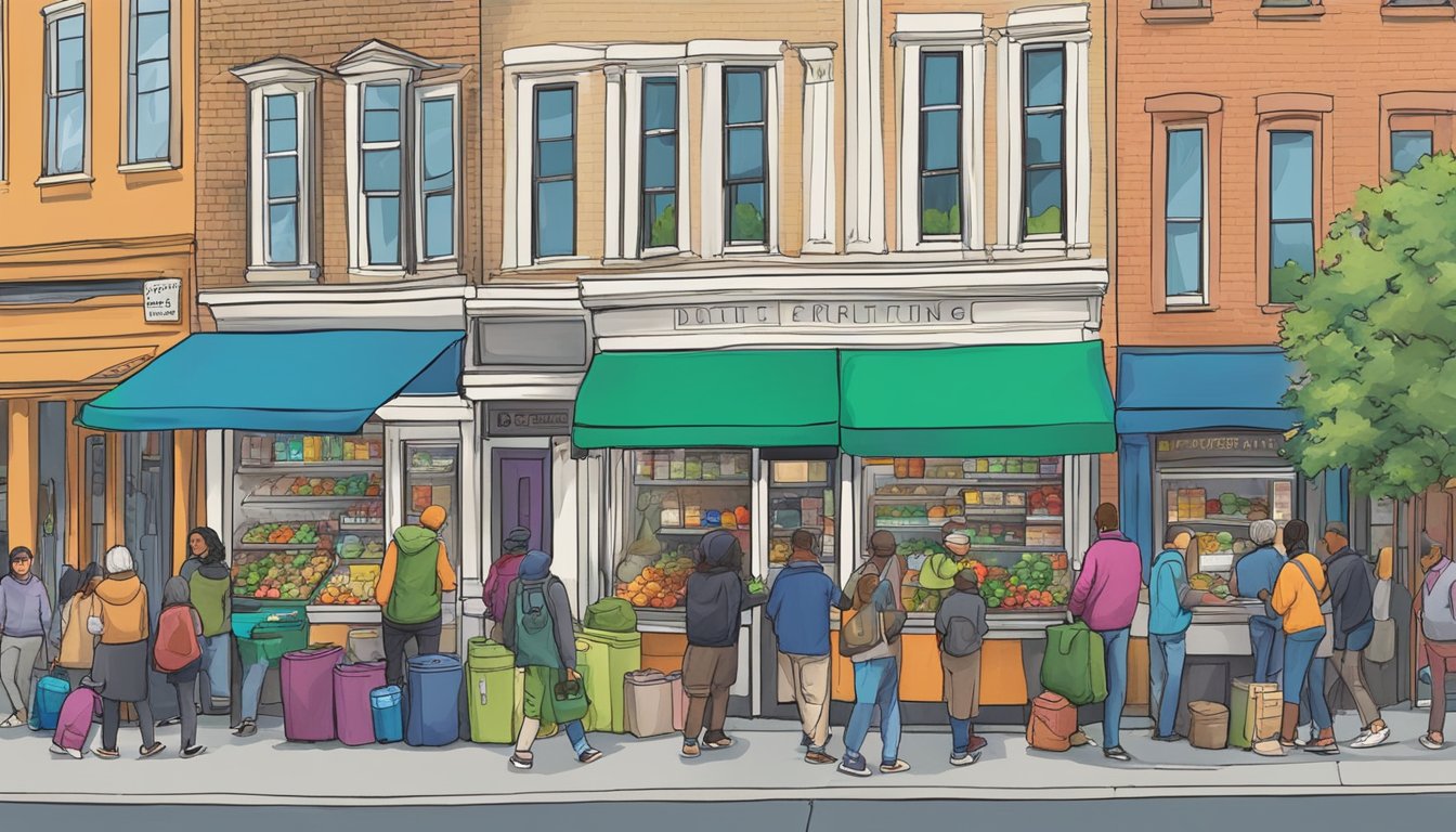 A bustling street corner in Worcester, MA, with a colorful local community fridge surrounded by people accessing and donating food