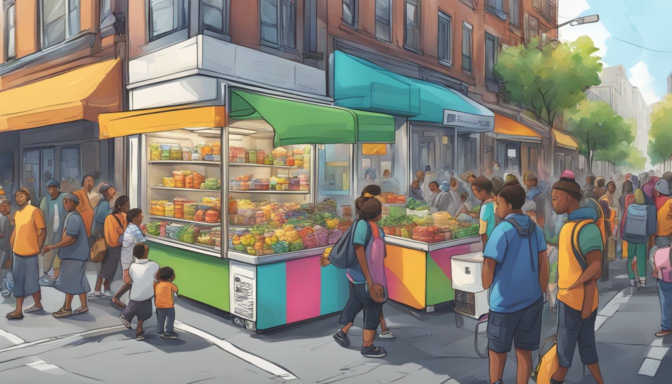 A bustling city street with a colorful, graffiti-covered community fridge surrounded by diverse people donating and taking food