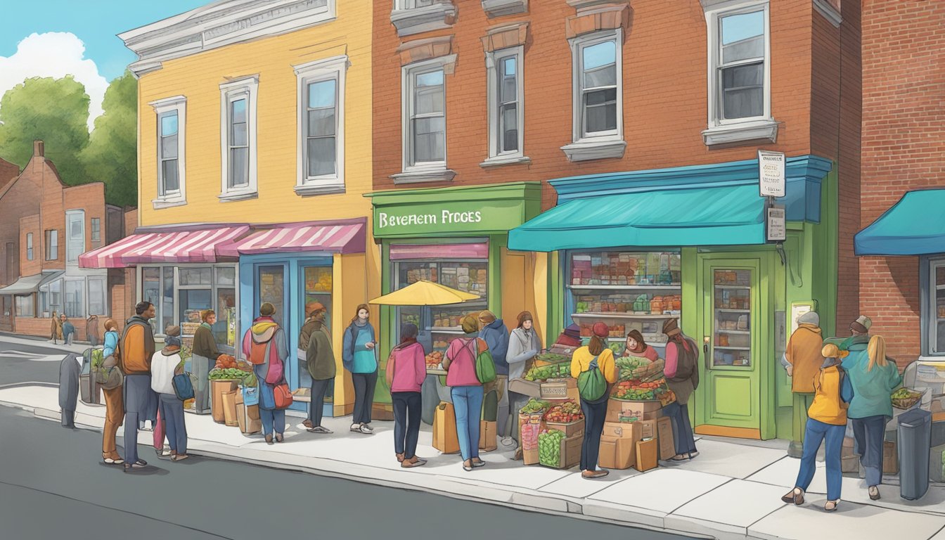 A bustling street corner in Worcester, MA, with a colorful community fridge surrounded by people exchanging food and goods