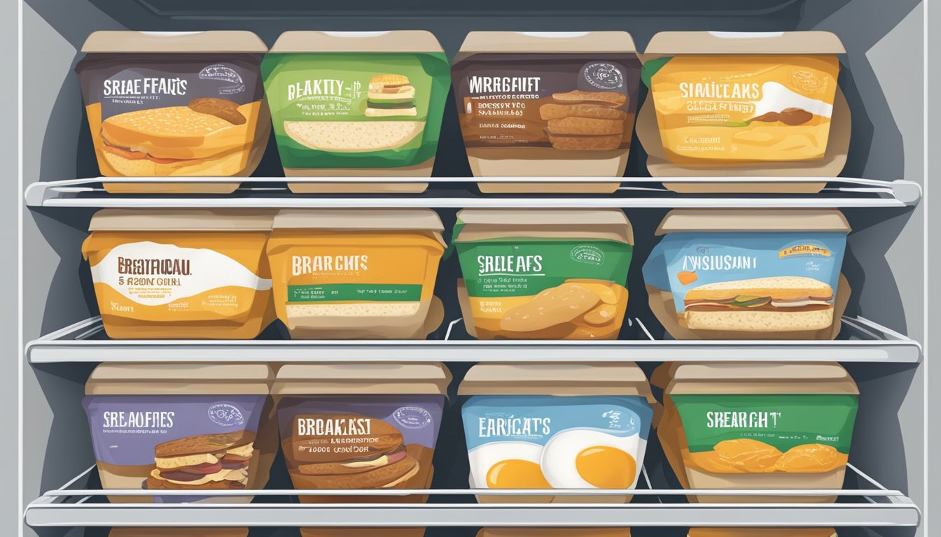 A variety of breakfast sandwiches neatly arranged on a shelf in a refrigerator, with expiration dates clearly labeled on each package