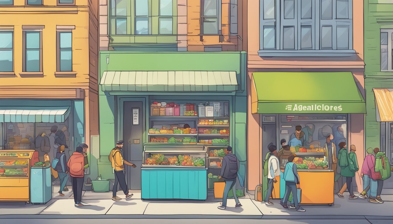 A bustling city street with a colorful community fridge surrounded by people dropping off food and others selecting items to take home