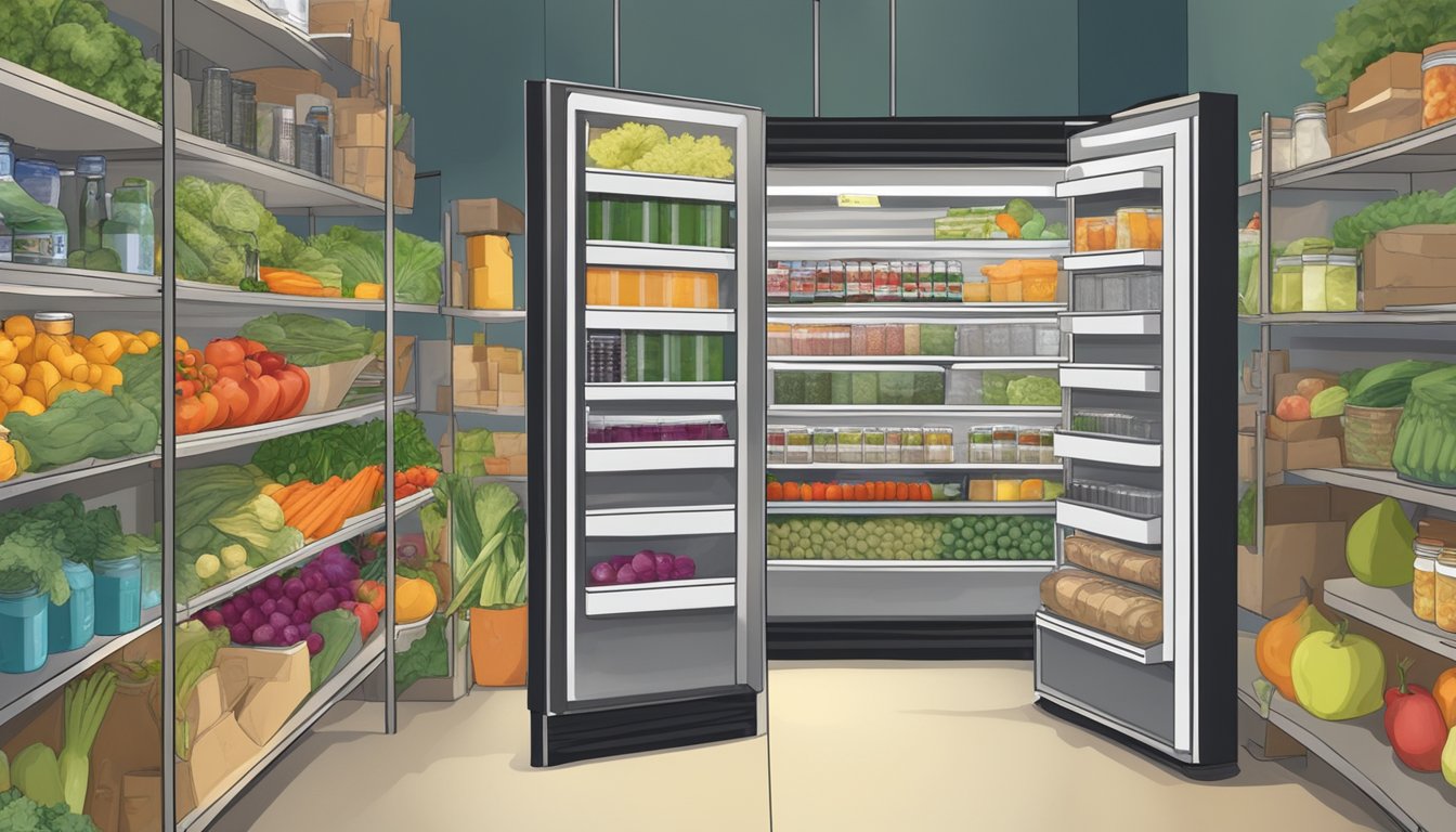 A community fridge surrounded by shelves of canned goods and fresh produce, with a sign listing support services