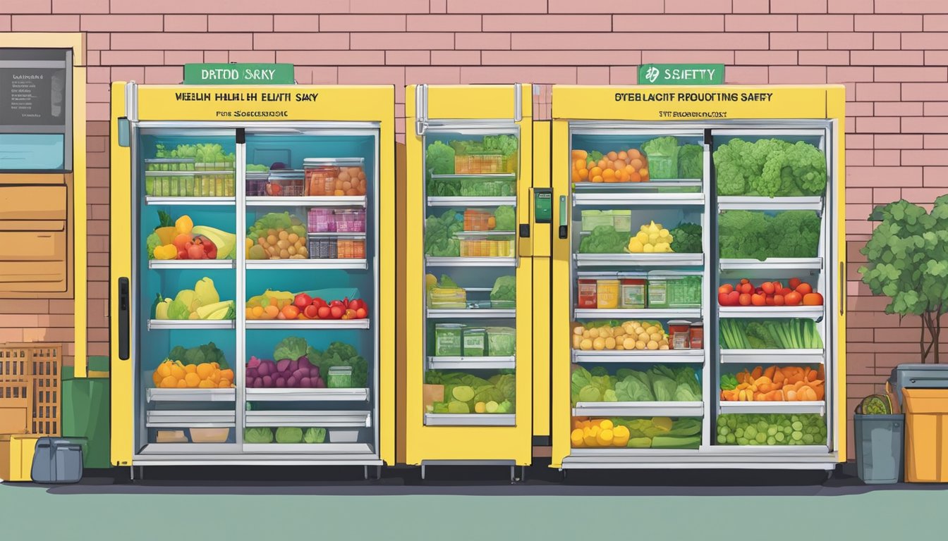 A brightly colored local community fridge in Detroit, MI, filled with fresh produce and labeled with health and safety guidelines