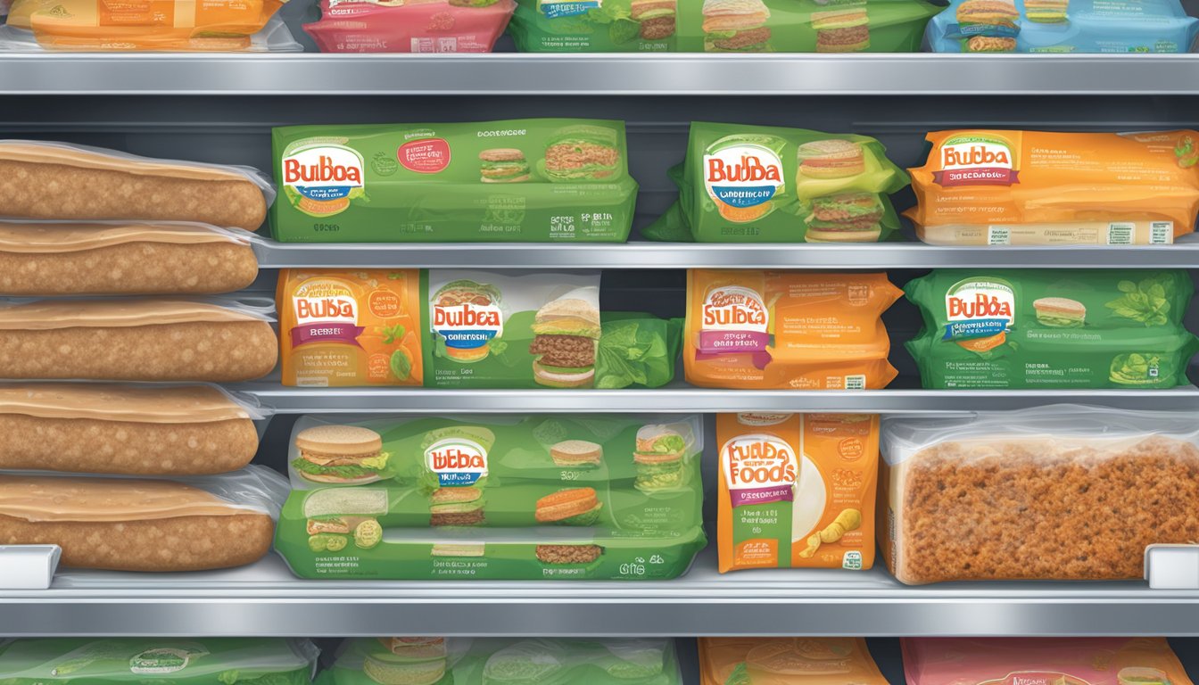 A freezer shelf stocked with sealed packages of Bubba Foods veggie burgers, with an expiration date clearly visible