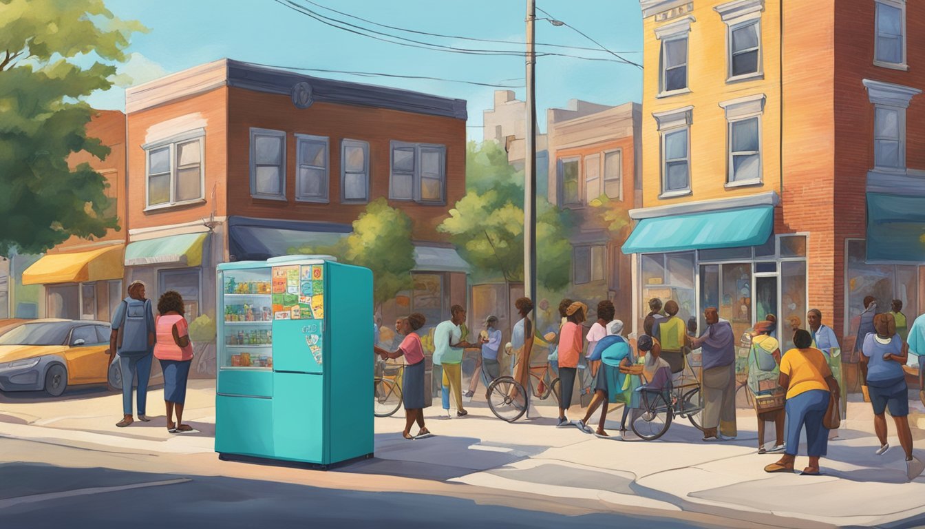 A bustling street corner in Detroit, Michigan showcases a brightly painted community fridge adorned with local artwork and surrounded by a diverse group of residents exchanging food and conversation