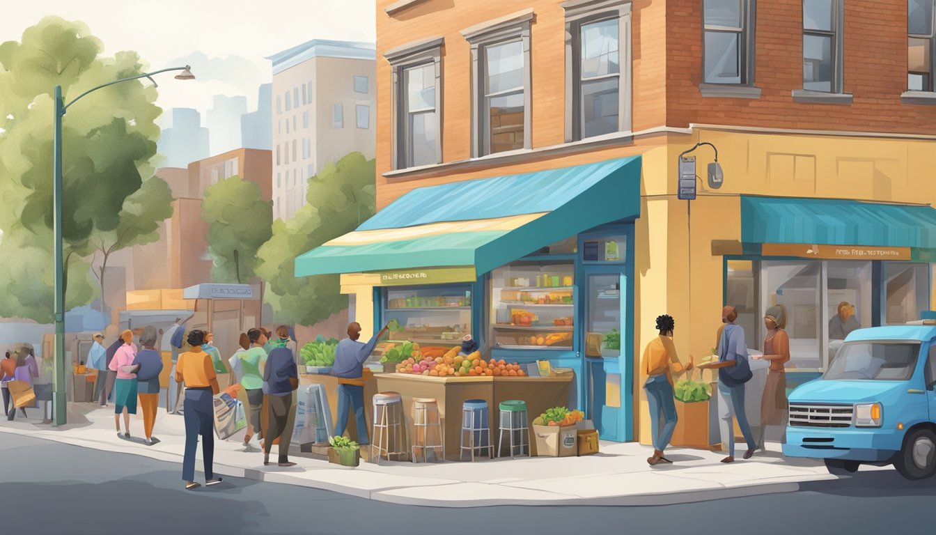 A bustling street corner with a colorful community fridge surrounded by people donating and taking food. Nearby, a community garden and local businesses