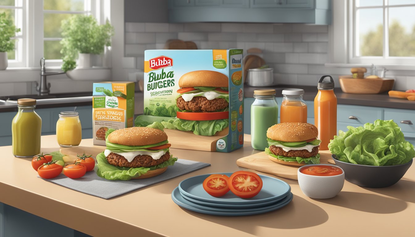 A kitchen counter with a package of Bubba Foods veggie burgers, a skillet, and various ingredients like lettuce, tomatoes, and condiments