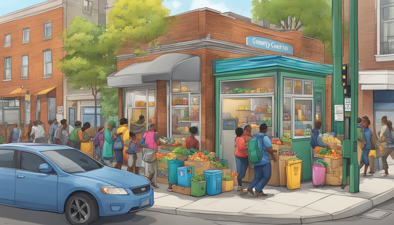 A bustling street corner in Detroit, MI, with a colorful community fridge surrounded by people dropping off and picking up food items